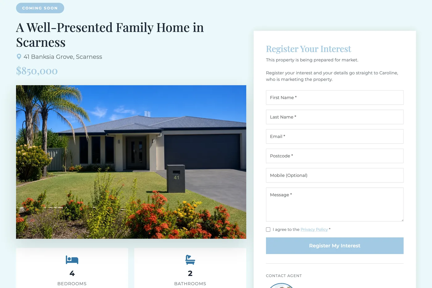 A coming-soon property page: the address, the price, one photo, and a form sending enquiries straight to the agent.